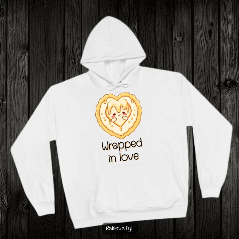 Funny hoodie featuring a honey drizzle character forming a heart around baklava, offering warmth and a sweet, loving humorous design.
