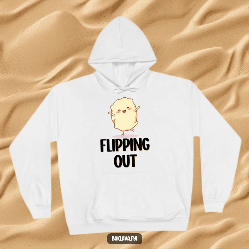Funny phyllo dough hoodie with a cheerful sheet doing a cartwheel, offering warmth and humor for bakers and pastry enthusiasts.