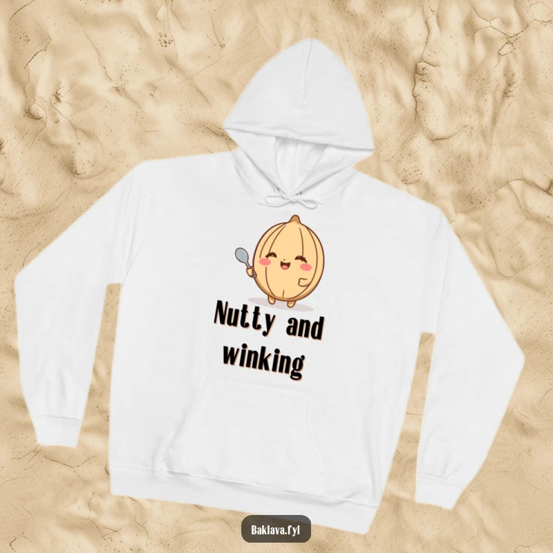 Funny walnut hoodie with a happy walnut winking and holding a tiny spoon, offering warmth and humor for snack lovers.