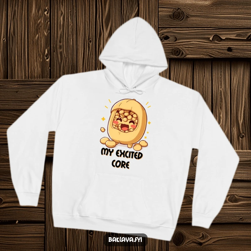 Funny nut filling hoodie depicting a playful character bursting with excitement, ideal for cozy and enthusiastic wear.
