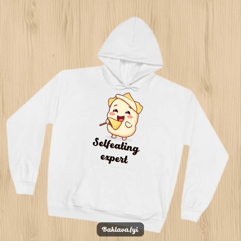 Funny, joyful phyllo dough character happily taking a bite from itself, on a warm hoodie, perfect for bakers and those who love funny apparel.