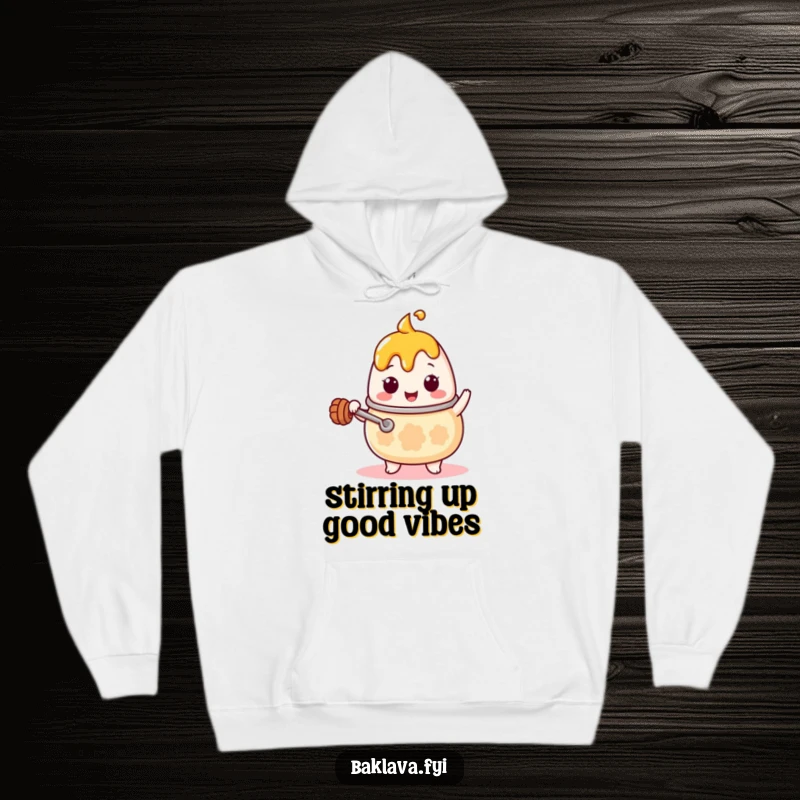 Funny Kawaii honey pot character with a tiny ladle, stirring enthusiastically, designed on a warm and cozy hoodie, making it a humorous clothing item.