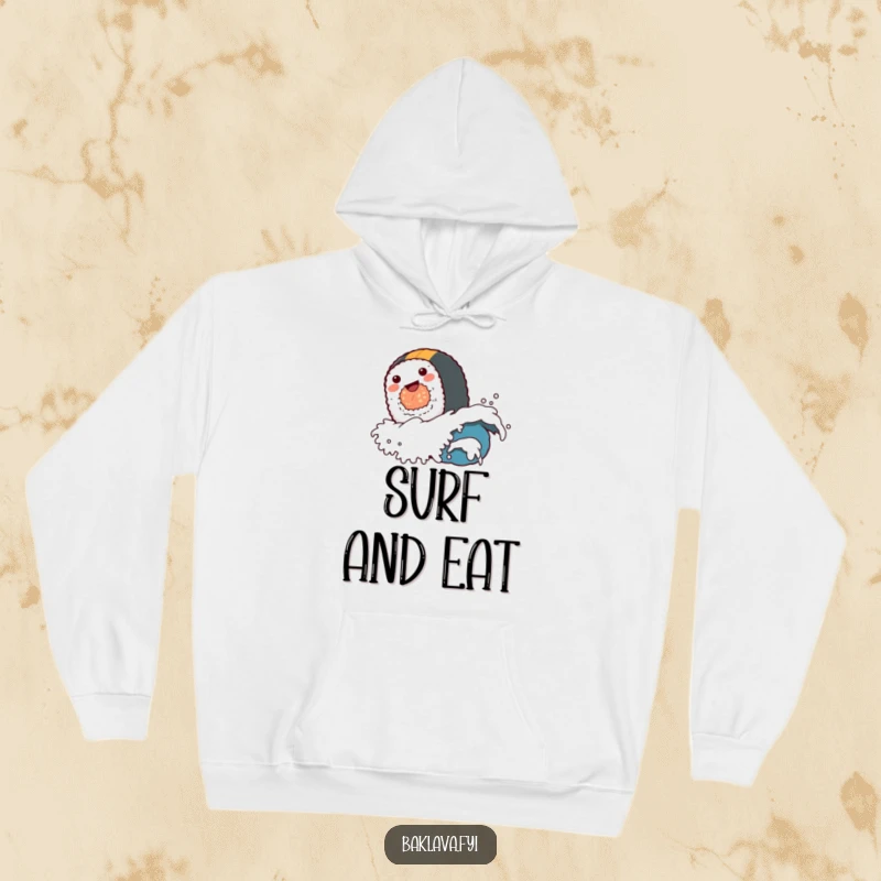 A funny sushi roll character riding a miniature ocean wave, depicted on a warm and cozy funny hoodie.