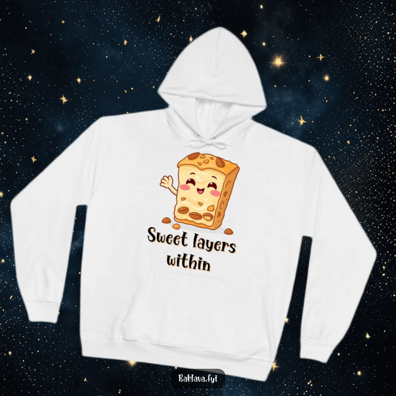 Funny Baklava Hoodie with a cozy, cheerful nutty slice waving a friendly hello, perfect for sweet and humorous comfort.