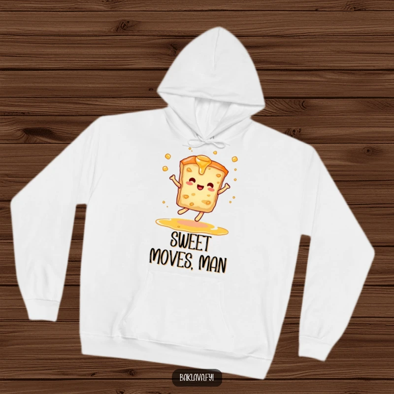 Funny hoodie featuring a baklava slice in a dynamic dance pose, with syrup artfully swirled, bringing sweet vibes and cozy warmth.