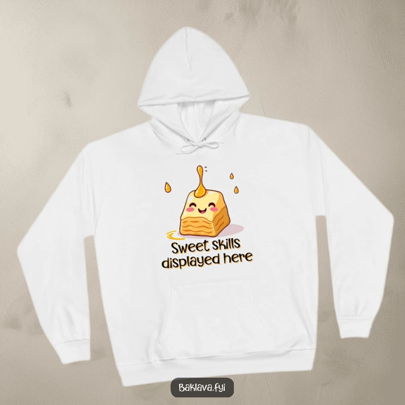 Funny baklava hoodie featuring a slice juggling syrup, offering warmth and a humorous, sweet design for casual wear and dessert fans.