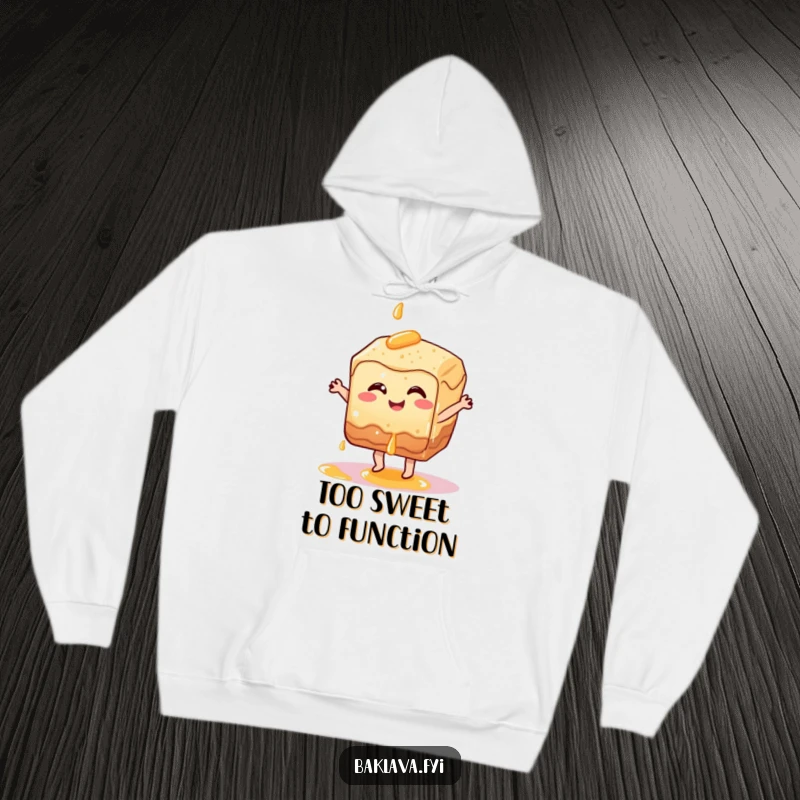 Funny baklava pastry character dancing whimsically with syrup dripping, cozy and humorous funny hoodie.