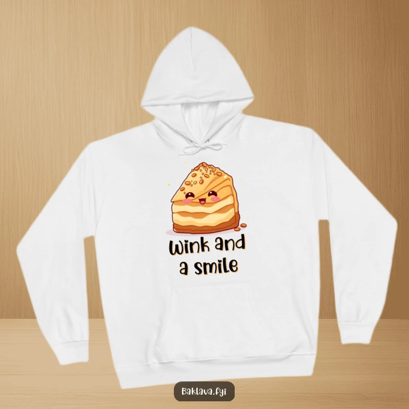 Funny baklava slice winking with nuts, cozy and sweet funny hoodie.