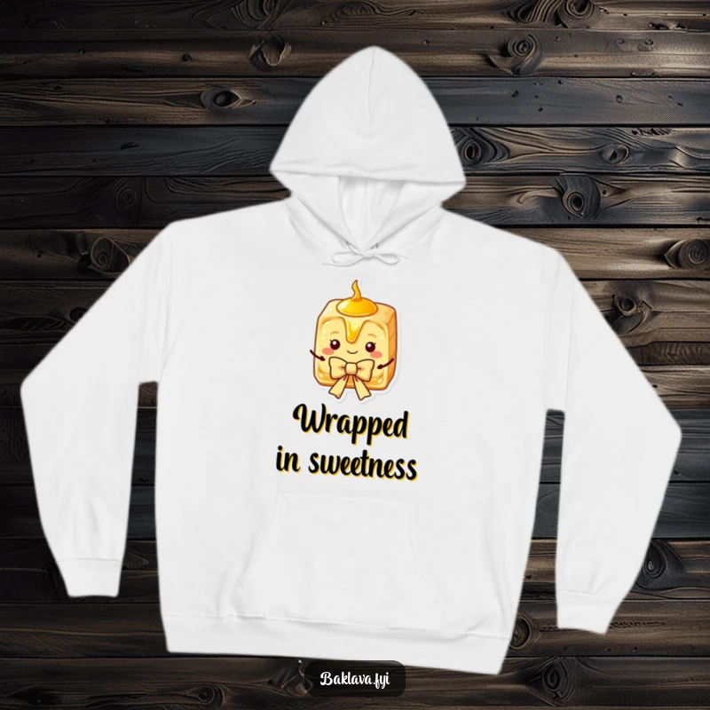 Funny Baklava Hoodie with a cozy, charming slice dripping with syrup, presenting a bow, perfect for sweet comfort.