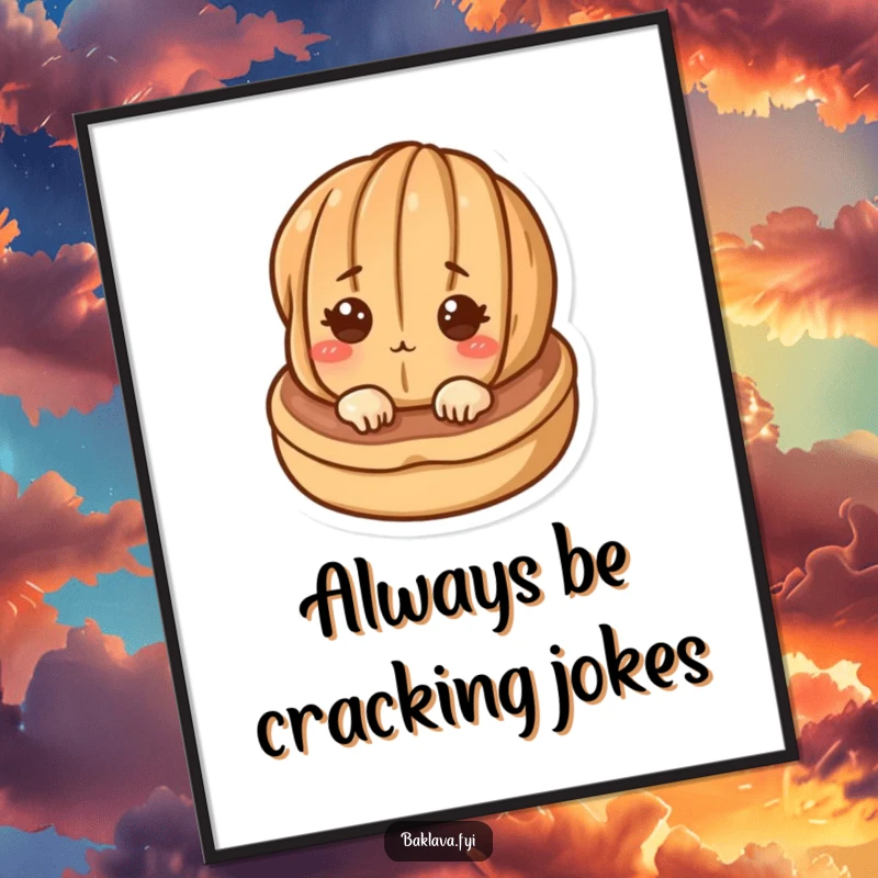 Funny Free Printable Wall Art featuring a curious walnut character peeking from a pastry, perfect for kitchen humor.