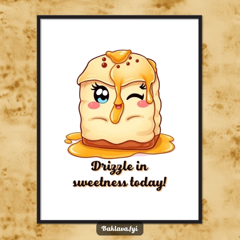 Funny Free Printable Winking Baklava Wall Art: Cheeky pastry winking with almond eyes, offering a tempting syrup drizzle.