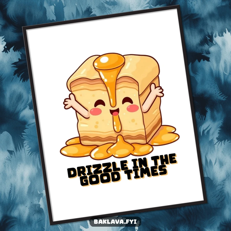 Funny Free Printable Wall Art: Happy baklava piece with tiny arms outstretched enjoys a sweet syrup waterfall, a delightful scene.