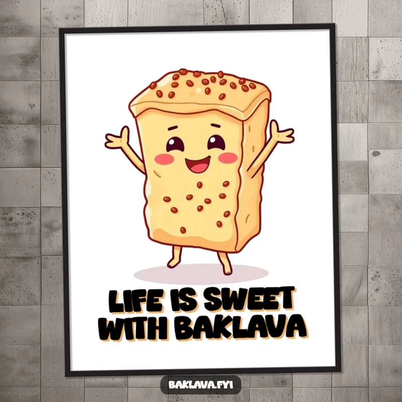 Funny Free Printable Kitchen Wall Art depicting a smiling piece of baklava doing a happy dance, full of sweet energy.