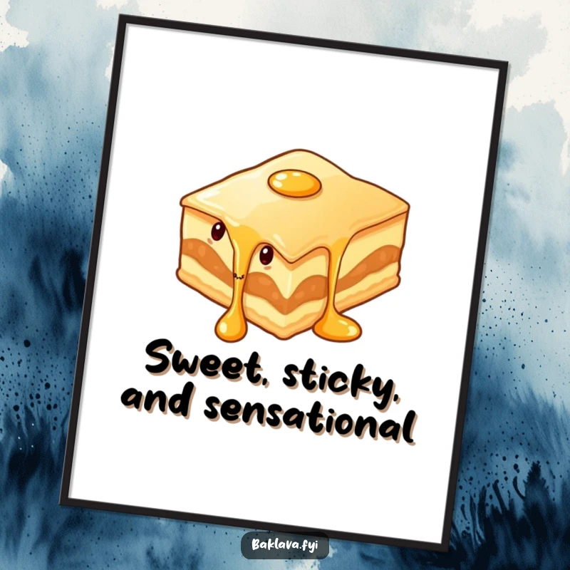 Funny Free Printable Kitchen Wall Art featuring a wiggling baklava slice with syrup dripping, adding a touch of sweet chaos.