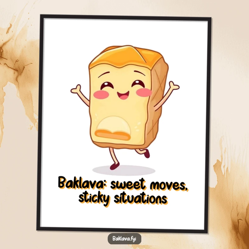 Funny Free Printable Baklava Wall Art: A smiling baklava piece doing a joyful, energetic jig.