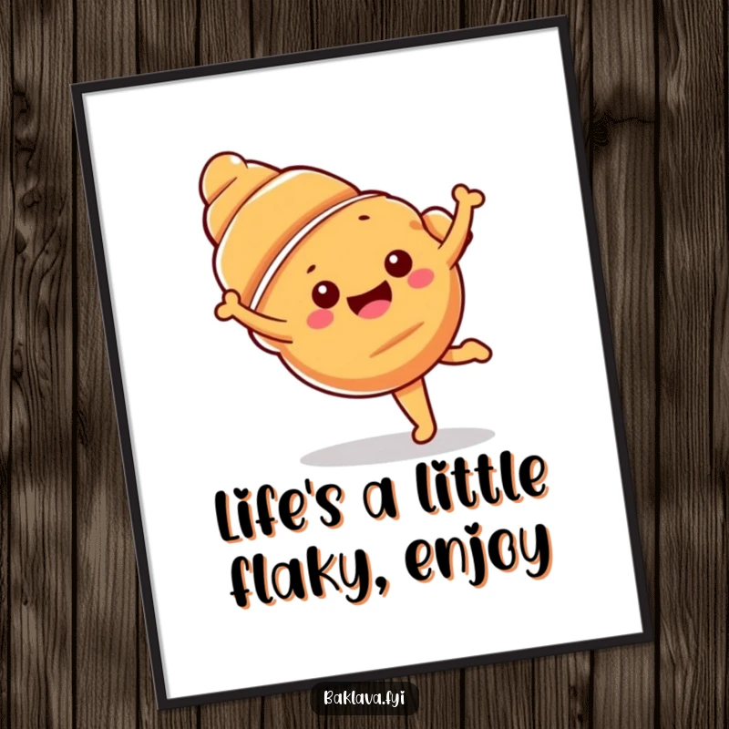 Funny free printable wall art of a happy croissant doing a cartwheel, bringing energetic and whimsical charm to any space.