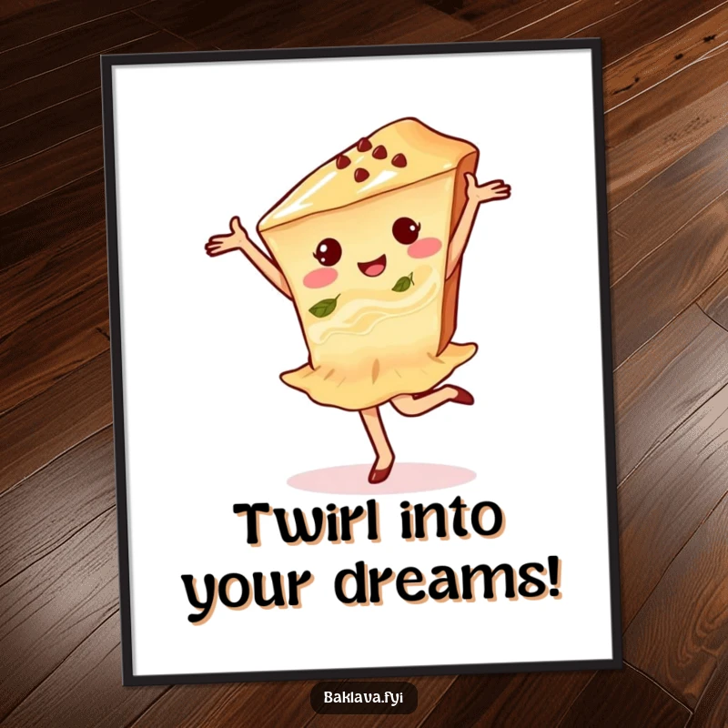 Funny Free Printable Dancing Baklava Wall Art: Delighted pastry slice in mid-pirouette, adding whimsical charm.