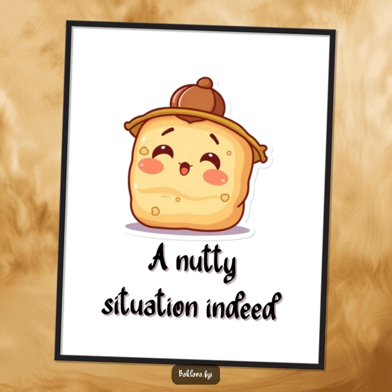 Funny Free Printable Wall Art: A surprised baklava wearing a walnut hat tilts its head, looking very shocked.