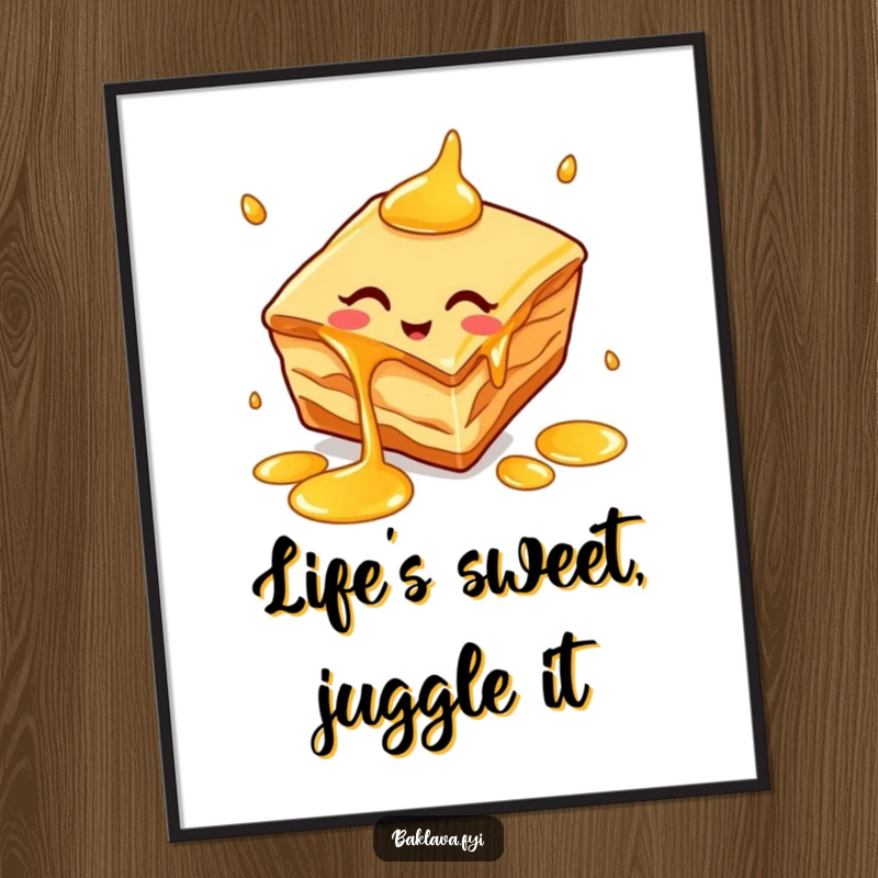 Funny free printable wall art of a cheerful baklava slice juggling honey drips, adding a whimsical touch to your decor.