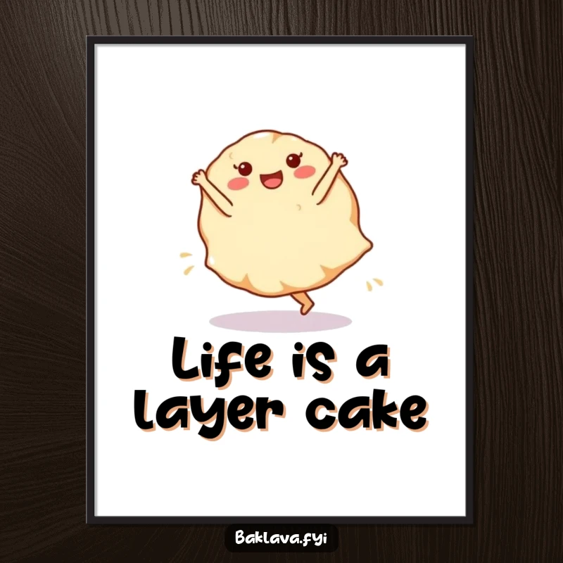 Funny free printable wall art of a delighted phyllo dough sheet performing a cartwheel, adding a whimsical and energetic touch.