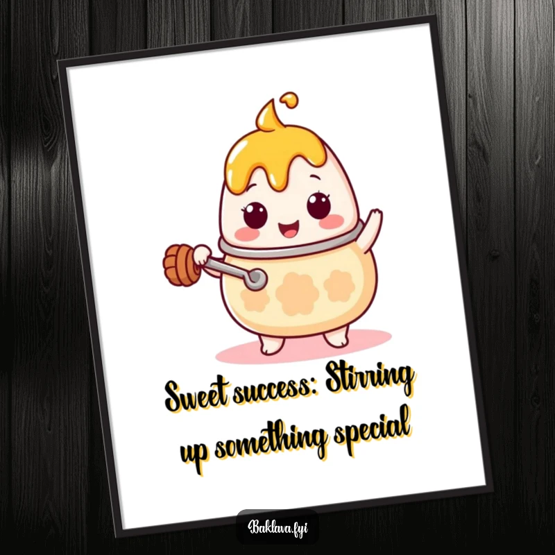 Funny Free Printable Wall Art: Kawaii honey pot character with a tiny ladle, enthusiastically stirring a sweet, golden pot of honey.