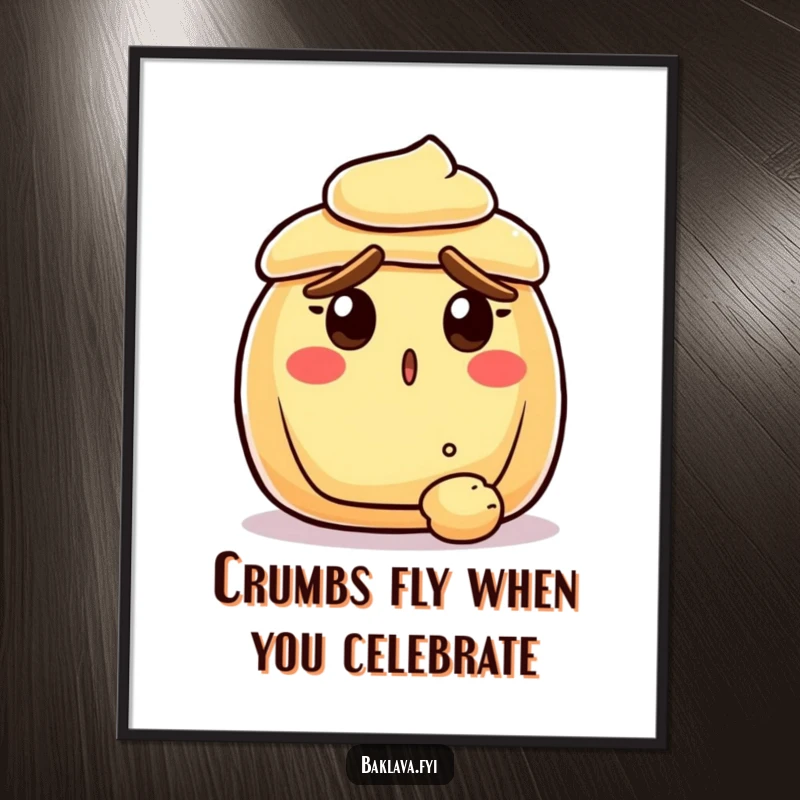 Funny Free Printable Wall Art: A pastry with raised crust eyebrows looks surprised at a falling crumb.