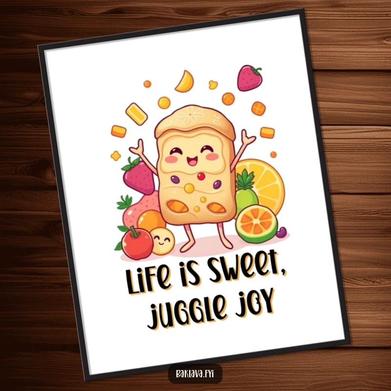 Funny Free Printable Wall Art featuring a cheerful baklava character juggling an assortment of colorful candied fruits, adding joy to any room.