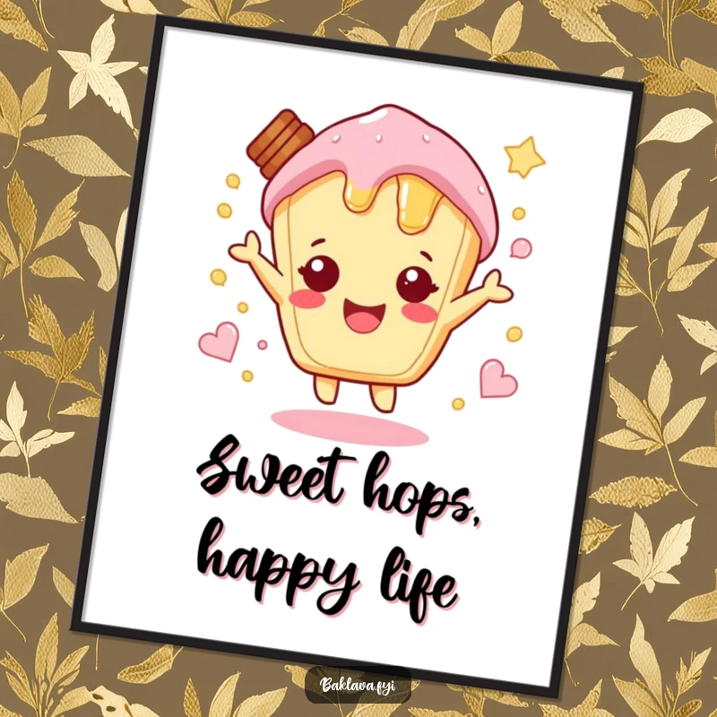 Funny Free Printable Wall Art: A sweet honey pastry captured mid-hop with excitement, playful food art.