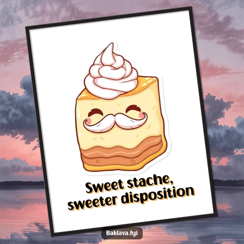 Funny Free Printable Wall Art: A playful baklava wedge with a whipped cream mustache winking, adding sweet and humorous vibes. Downloadable art!