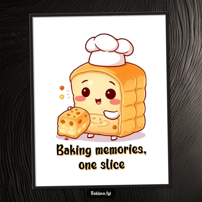 Funny Free Printable Wall Art: Baklava character wearing a tiny chef hat offers a delicious bite.