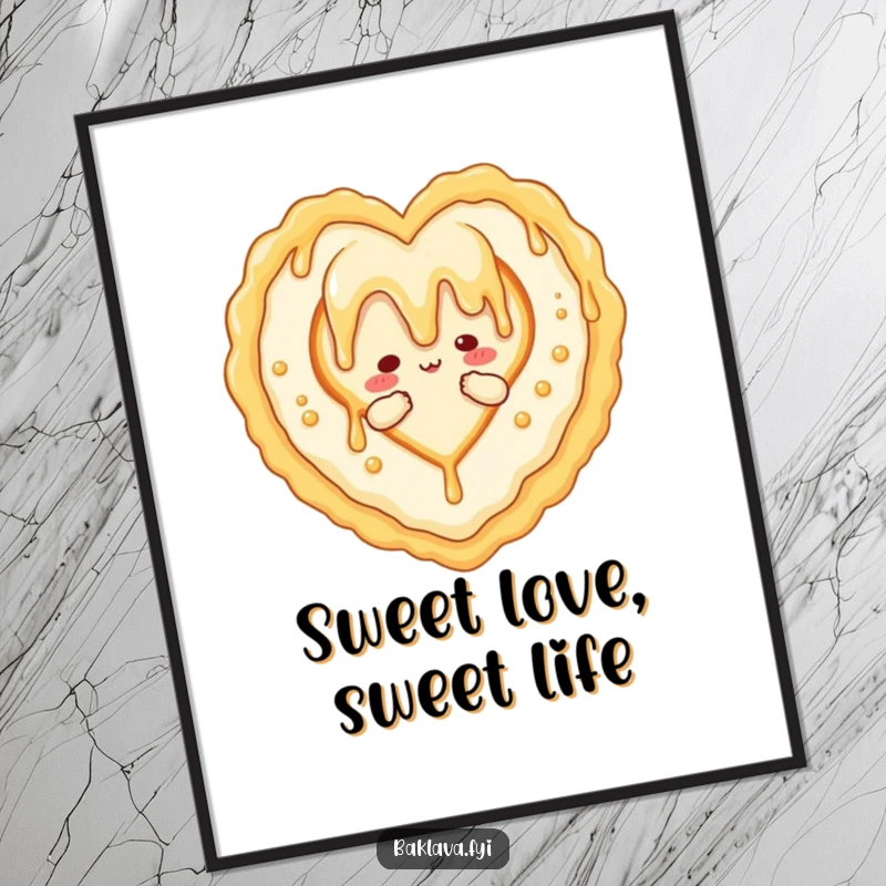 Funny Free Printable Wall Art: Honey drizzle character lovingly forming a heart shape around a baklava.