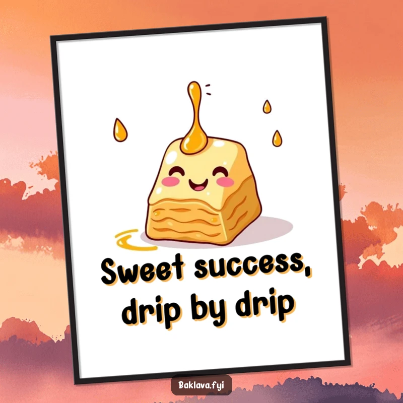 Funny Free Printable Wall Art showcasing a cheerful baklava slice skillfully juggling shimmering syrup droplets, a delightful piece of sweet art.