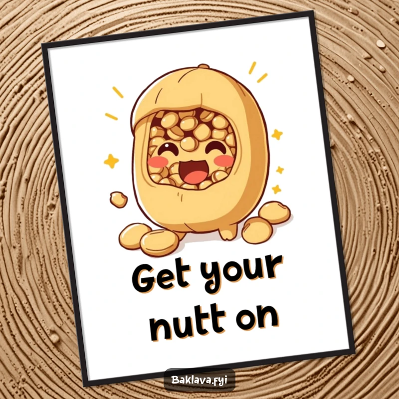 Funny free printable wall art of a playful nut filling bursting with excitement, adding a lively and humorous touch.