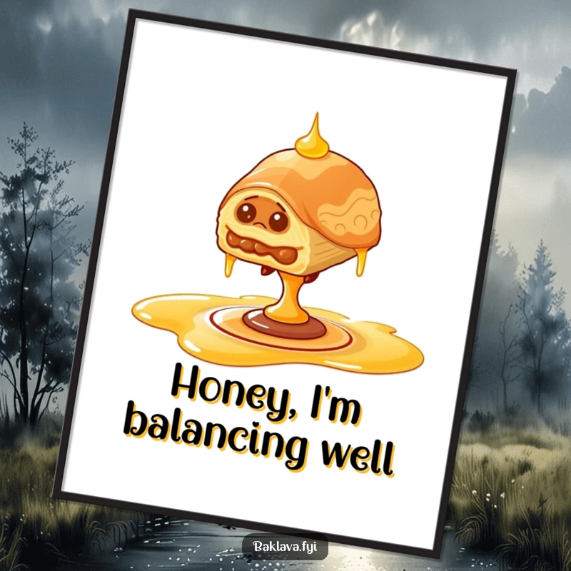 Funny Free Printable Wall Art: Wobbly baklava attempts to keep its balance on a spinning honey drizzle, a comical foodie art.
