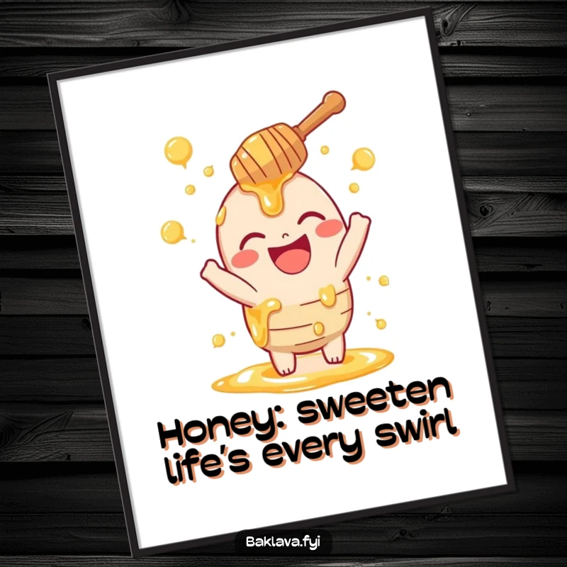 Funny Free Printable Honey Dipper Wall Art: A laughing honey dipper artistically sprinkling golden sweet swirls.