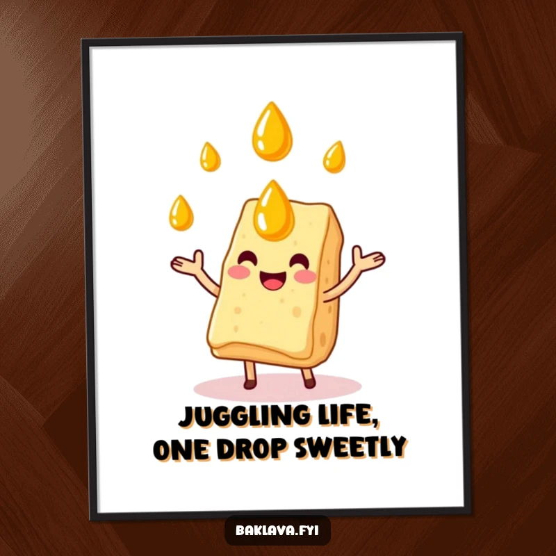 Funny Free Printable Wall Art: A happy baklava slice juggling three honey drops, bringing sweet and humorous vibes to your decor. Downloadable art!