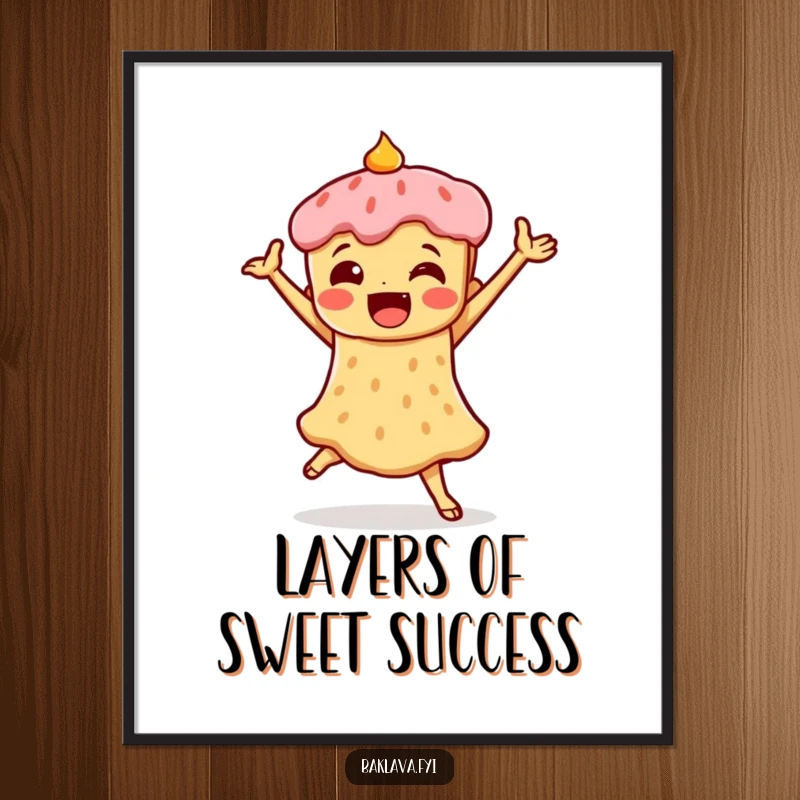 Funny Free Printable Wall Art: A baklava character performing a triumphant and joyful dance pose.