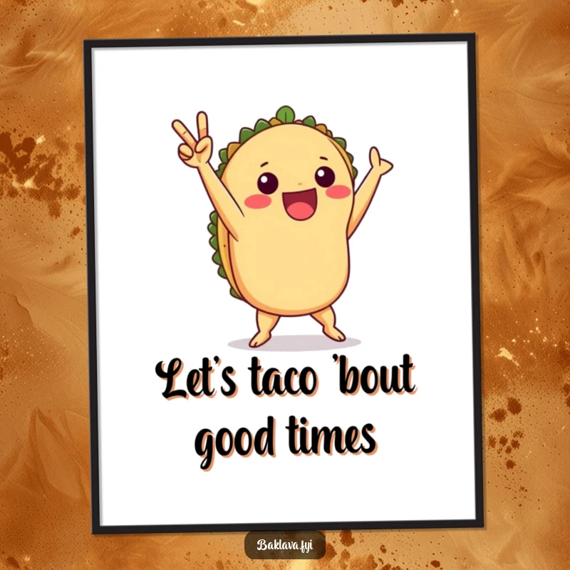 Funny free printable wall art of a playful taco doing a victory dance, bringing energetic and festive charm to any room.