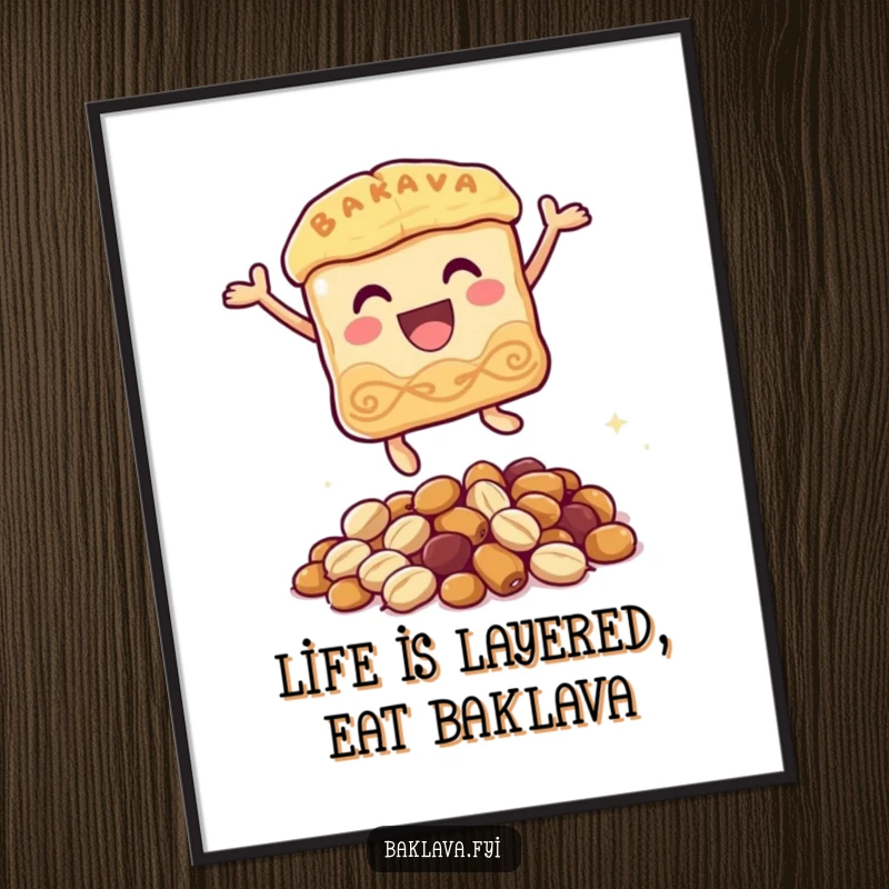 Funny Free Printable Wall Art: A baklava character in mid-air, leaping joyfully over a small pile of nuts.