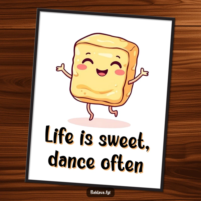 Funny Free Printable Wall Art: A smiling baklava slice with tiny legs doing a dance, bringing sweet and humorous vibes. Downloadable art!