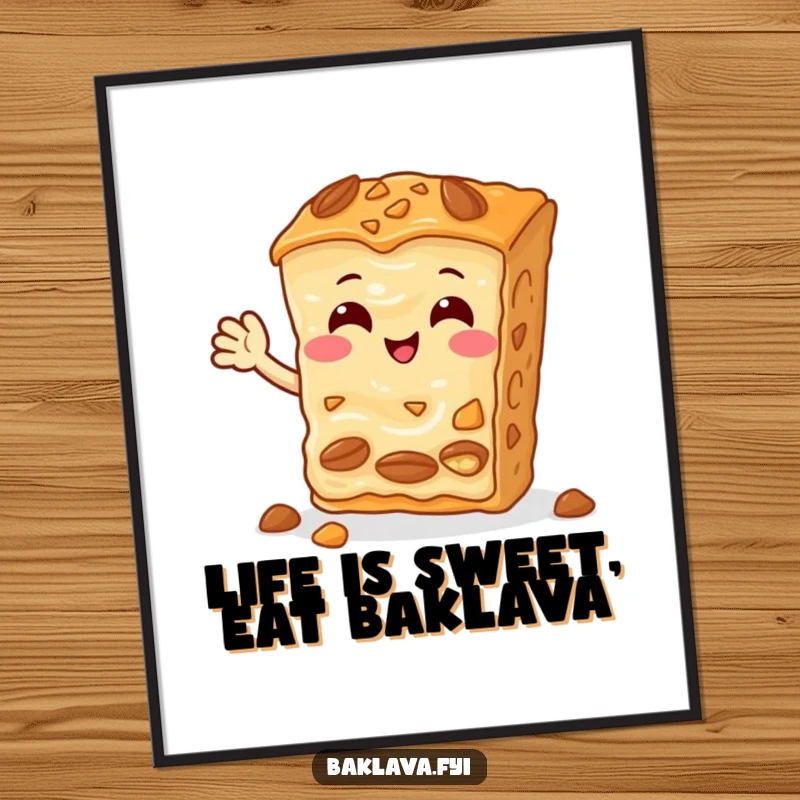 Funny Free Printable Baklava wall art of a cheerful slice with nuts waving hello, bringing sweetness and humor to your decor.