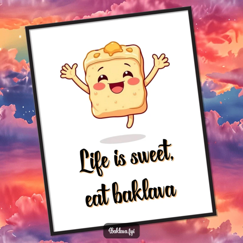Funny free printable wall art of a happy baklava piece leaping joyfully, adding a whimsical and delicious touch to any room.