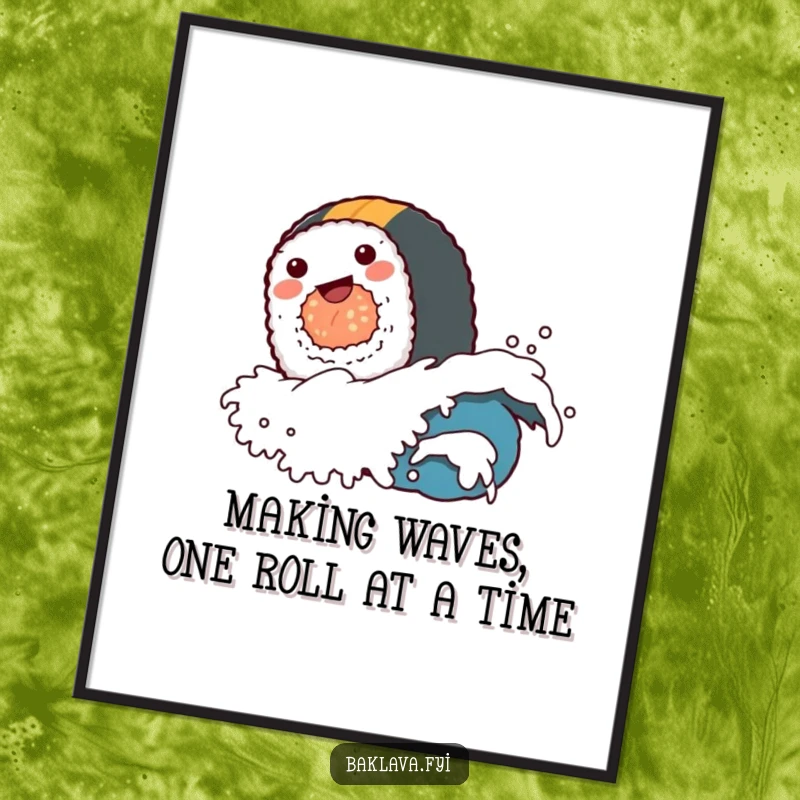Funny Free Printable Wall Art: A delighted sushi roll joyfully rides a tiny wave, creating humorous and vibrant downloadable art.