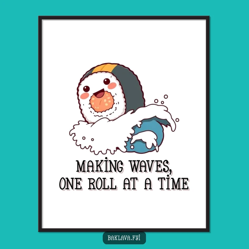 Free Printable Sushi Wall Art: Funny Roll Riding Wave for Hilarious Home Decor Downloadable Art