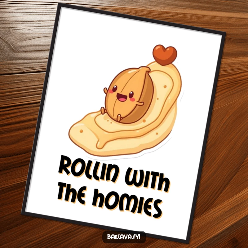 Funny Free Printable Wall Art: A nut character gleefully rolling down a flaky pastry-shaped hill.