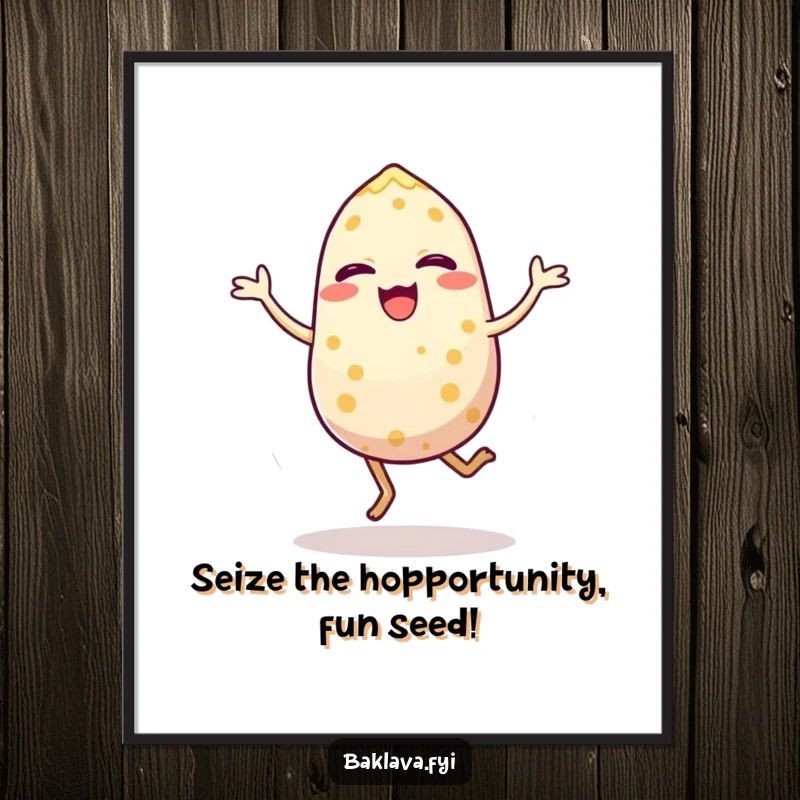 Funny Free Printable Wall Art: A single, joyful sesame seed performing an enthusiastic hop, radiating positive energy.