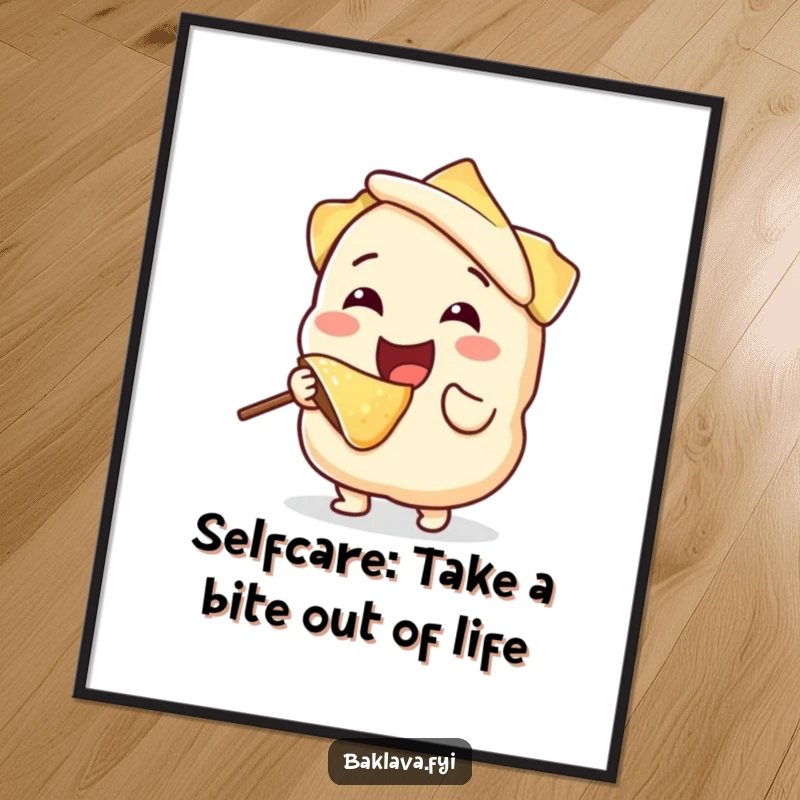 Funny Free Printable Wall Art: A joyful phyllo dough character happily taking a bite from its own layered self.