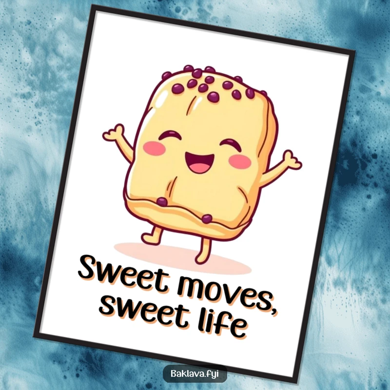 Funny free printable wall art of a smiling baklava pastry doing a happy dance, bringing joy and laughter to any room.