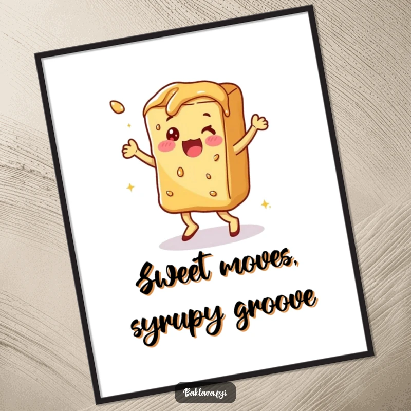 Funny Free Printable Baklava Wall Art: A syrupy baklava piece doing a happy dance, bringing joy.