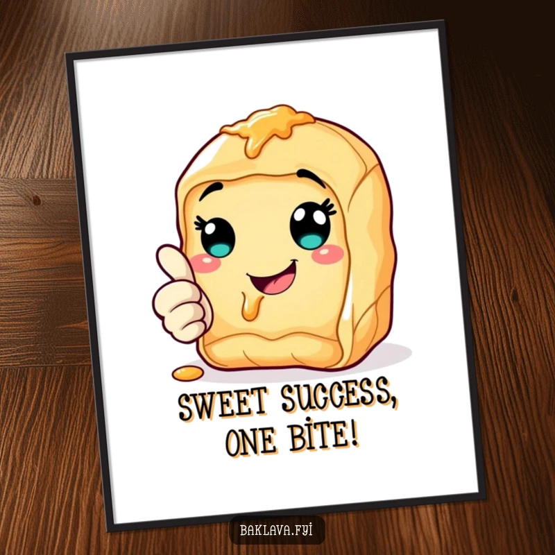 Funny Free Printable Thumbs Up Baklava Wall Art: Cheerful pastry slice with syrupy smile giving an enthusiastic thumbs up.